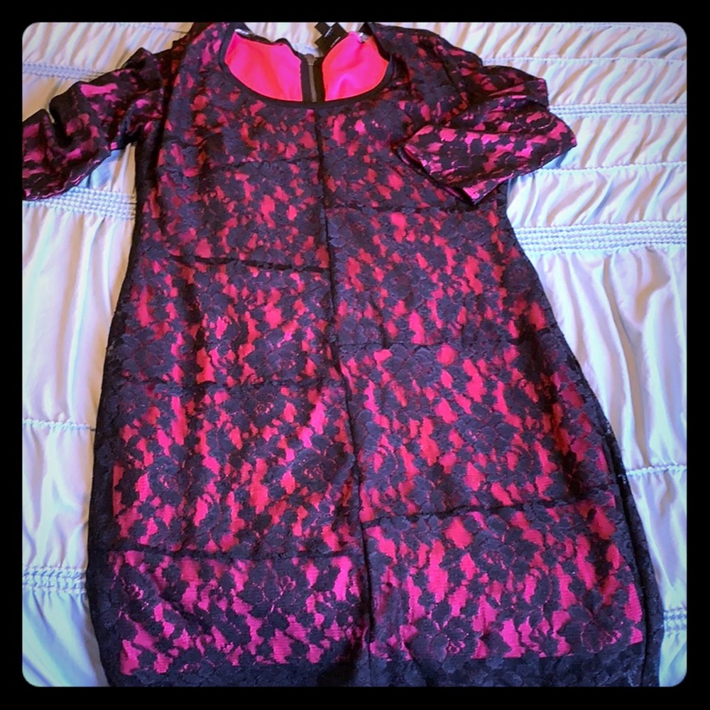 Hot pink with black lace overlay dress
